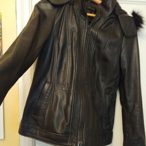 Danier Black Leather Jacket with Fur Trim